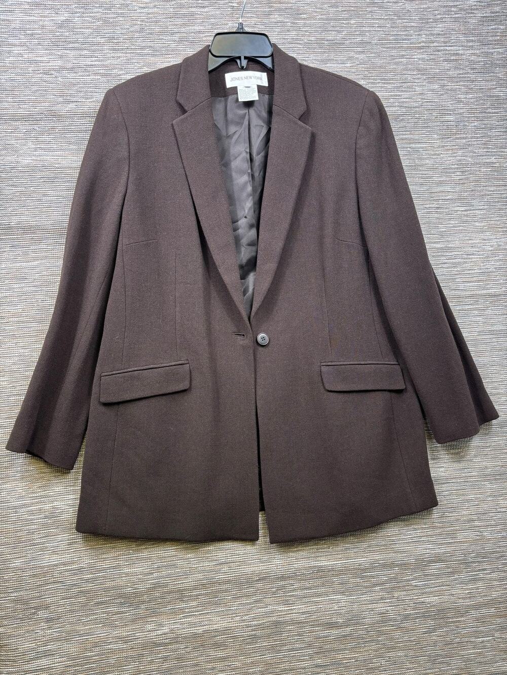 Jones New York Blazer Womens Size 16 Brown Wool Stretch One Button Lined Jacket